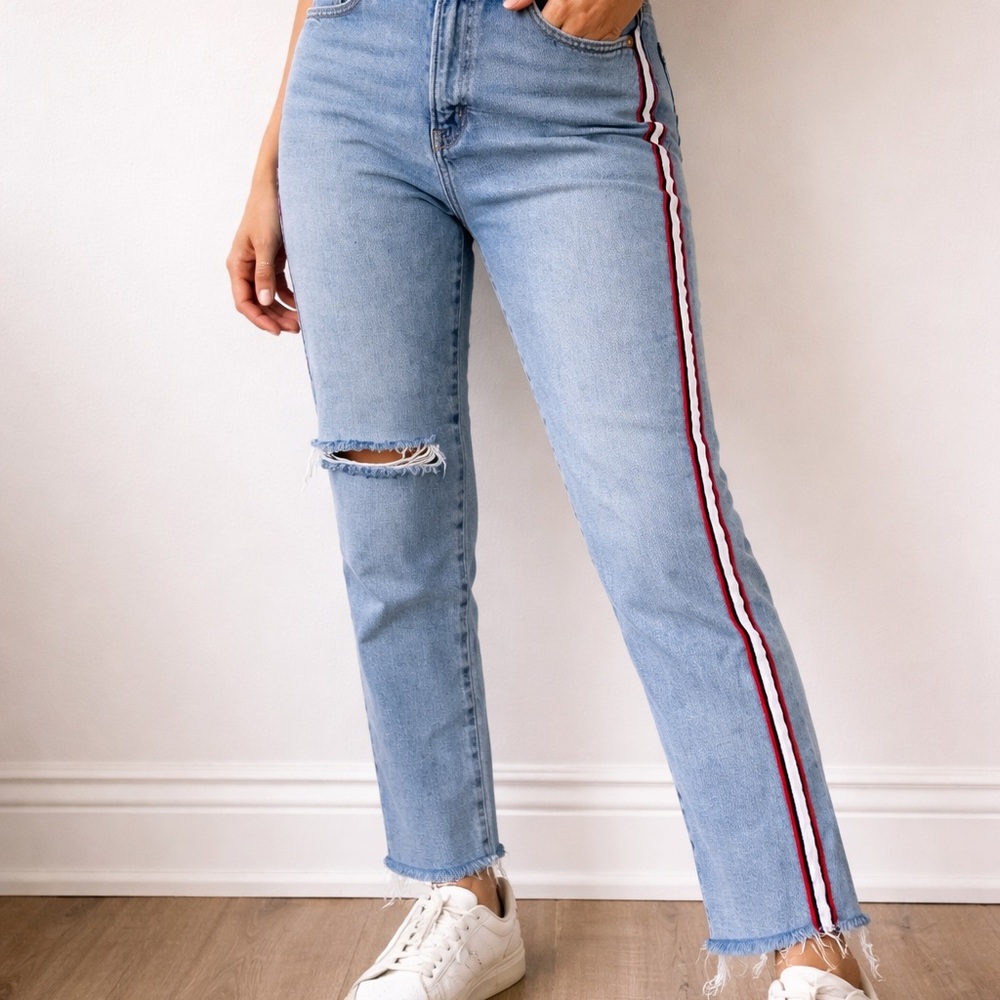 Banana Republic High-Rise Straight Jeans w/ Side Stripe | Size 29 | Frayed Hem